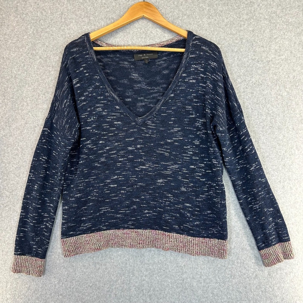 RAG & BONE New York Navy Blue V Neck Cotton Knit Contrast Sweater Size Medium